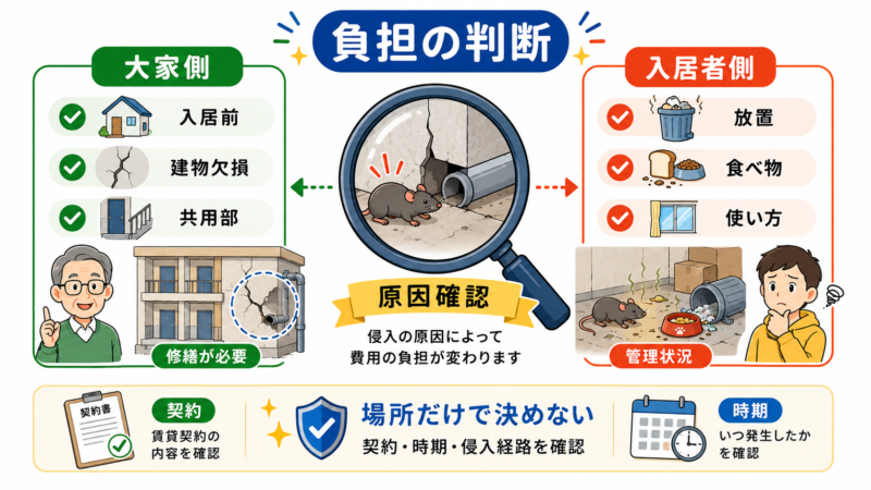 賃貸のネズミ駆除費用は原因確認が重要だと示す図解。大家側は建物欠損や共用部、入居者側は放置や管理状況など、負担判断の違いを比較している。