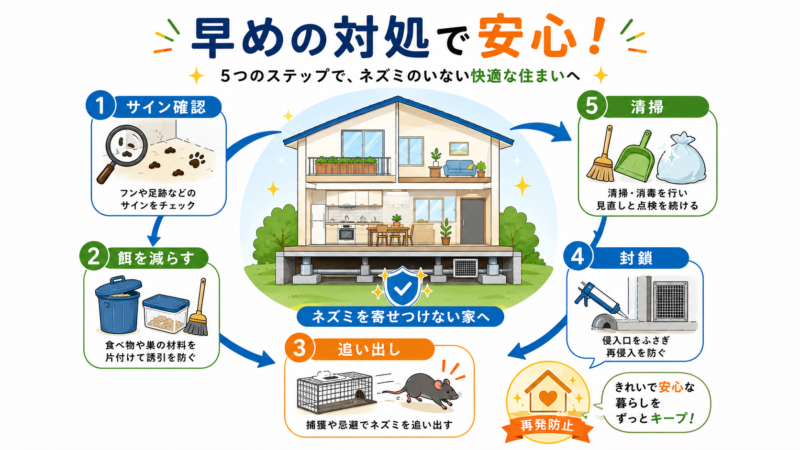 床下のネズミ対策をサイン確認、餌を減らす、追い出し、封鎖、清掃の流れで行い再発を防ぐ方法を示した図