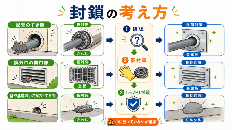 ネズミの侵入口となる配管の隙間、換気口、壁や基礎の穴を示し、金属たわしや金網による仮対策と、金属板やモルタルを使った長期的な封鎖方法を比較した図解。