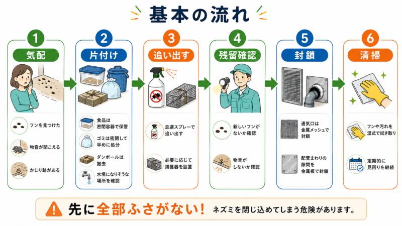 ネズミを家から追い出す手順を、気配確認、片付け、追い出し、残留確認、侵入口封鎖、清掃の6段階で示した図