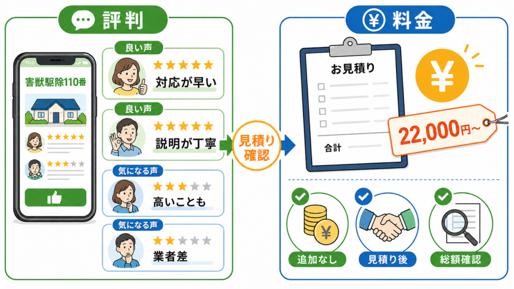 害獣駆除110番の良い口コミと気になる口コミ、最低料金22,000円～と見積り確認を示す図解