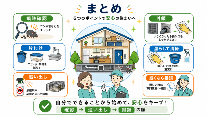 ネズミを家から追い出す方法として、痕跡確認、片付け、追い出し、侵入口封鎖、濡らして清掃、業者相談の要点をまとめた図