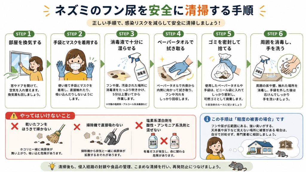 alt="ネズミのフン尿を換気・消毒・拭き取り・密閉処分で安全に清掃する手順と注意点"