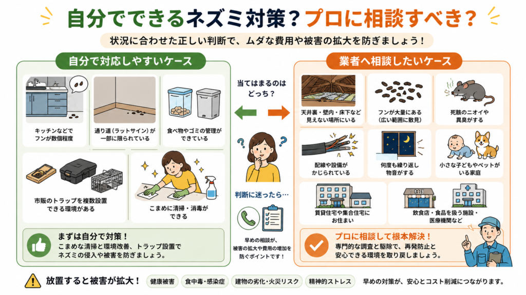 alt="自分でできるネズミ対策と、天井裏の被害や大量の糞など業者へ相談すべきケースの比較"