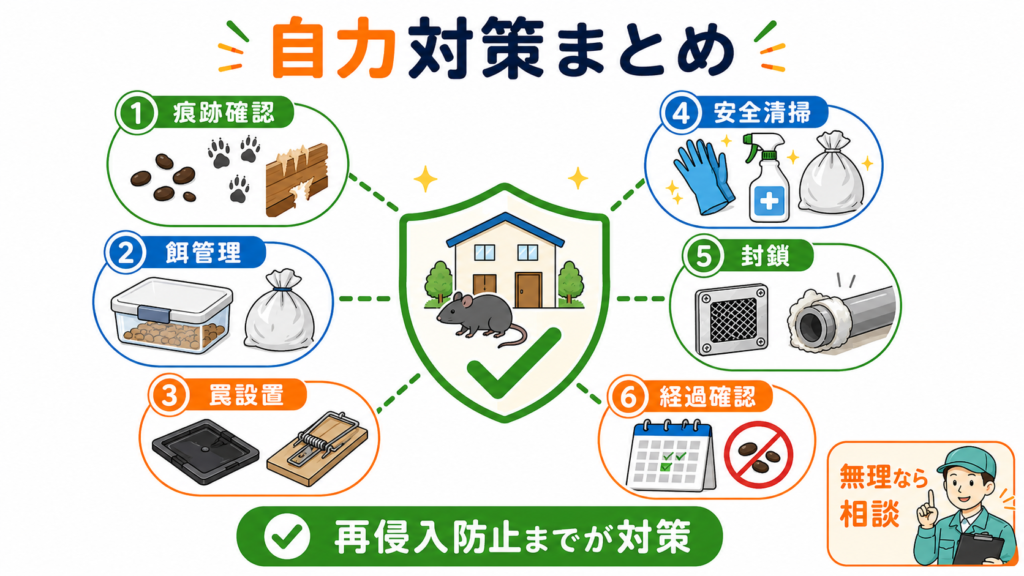 ネズミ駆除の自力対策まとめ。痕跡確認、餌管理、罠設置、安全な清掃、侵入口封鎖、経過確認の6項目を図解