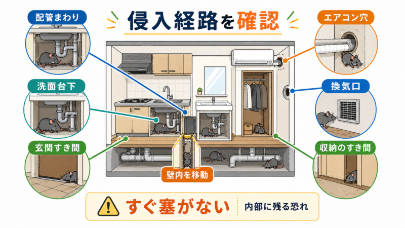 マンションでネズミが侵入しやすい配管・換気口・エアコン穴・玄関などのすき間を示す図