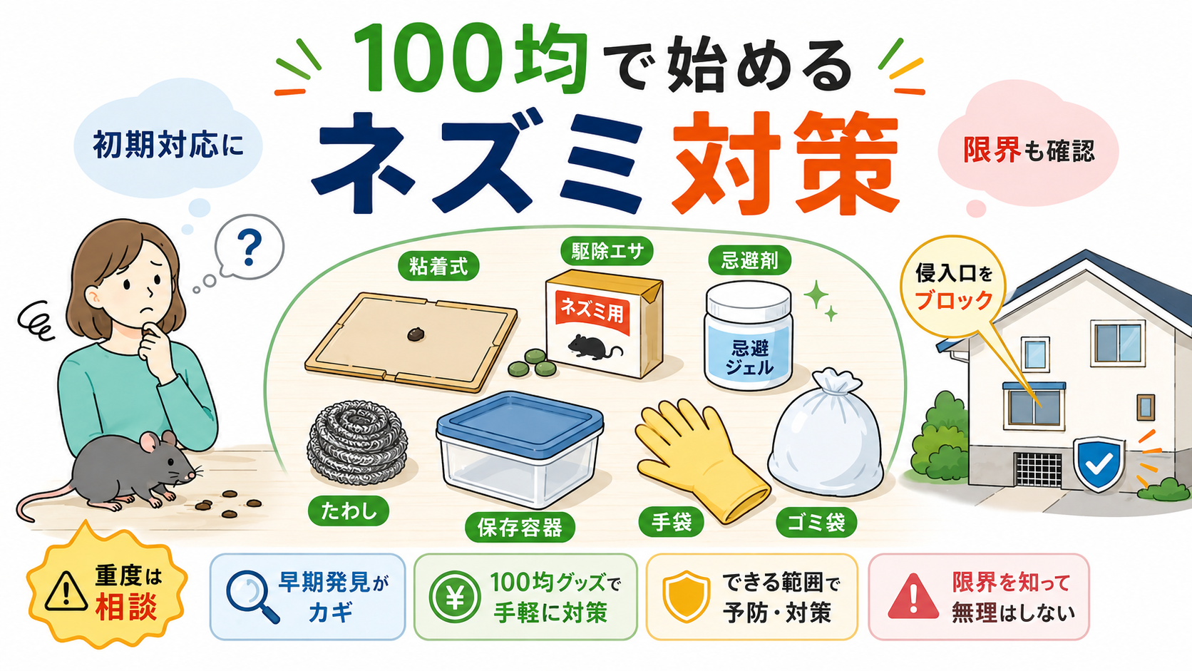 100均で始めるネズミ対策を紹介するアイキャッチ画像。粘着シート、殺鼠剤、忌避剤、保存容器、手袋、ごみ袋、侵入口対策の家をイラストで示し、初期対応と限界確認のポイントをまとめている。