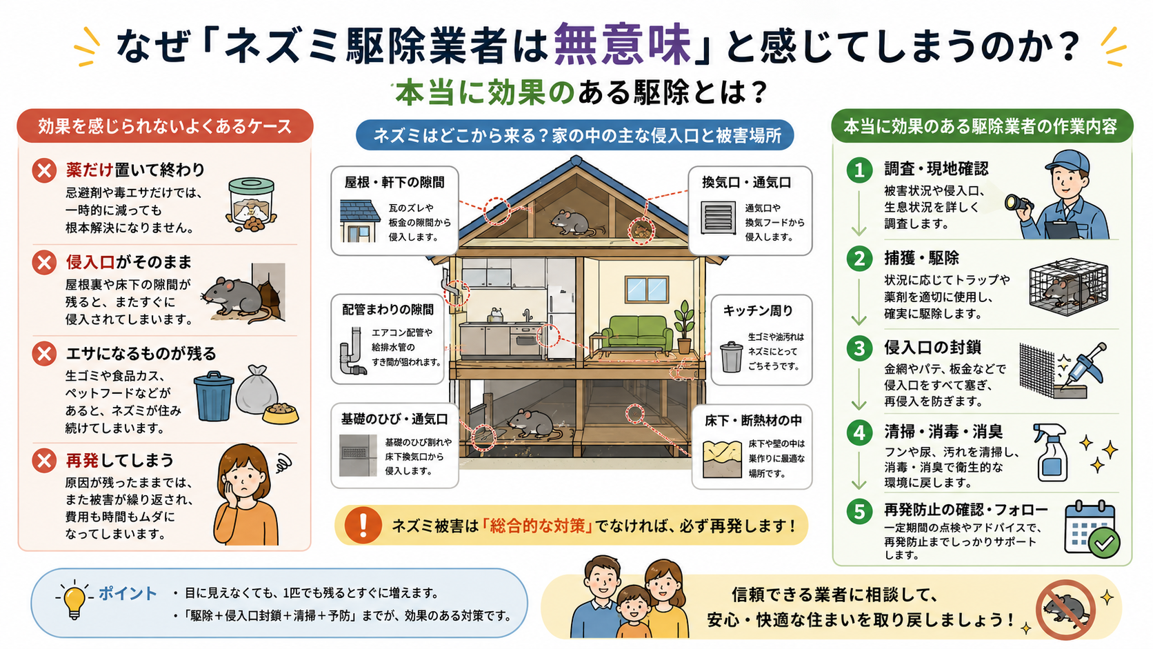 alt="ネズミ駆除業者が意味ないと感じる原因と、調査・捕獲・侵入口封鎖・清掃までの施工内容"