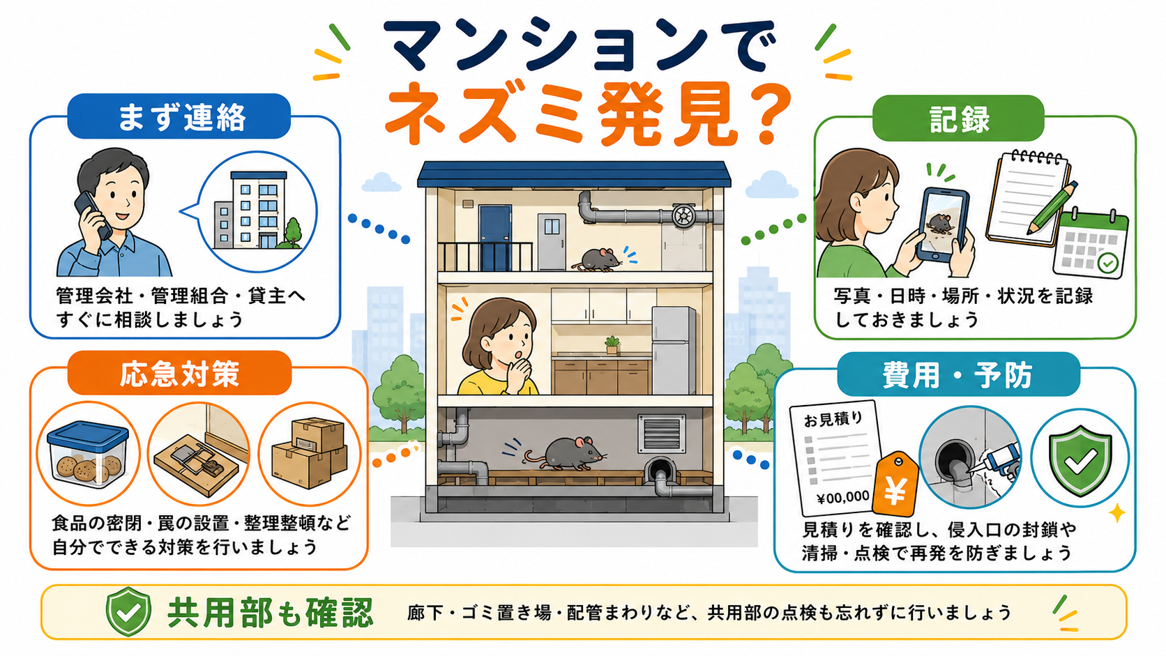 マンションでネズミを発見した際の連絡・記録・応急対策・費用・再発防止を解説する図